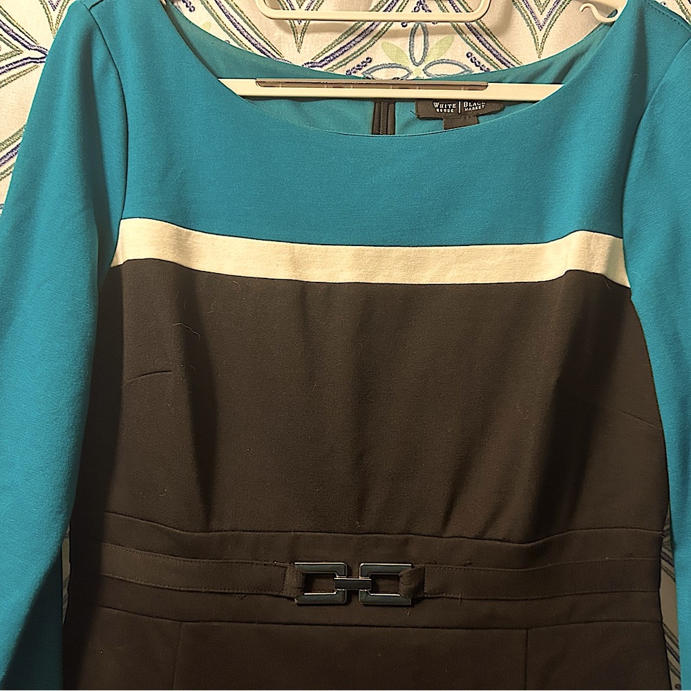 White House Black Market Teal and Black Long Sleeve Dress, lined - Picture 2 of 6